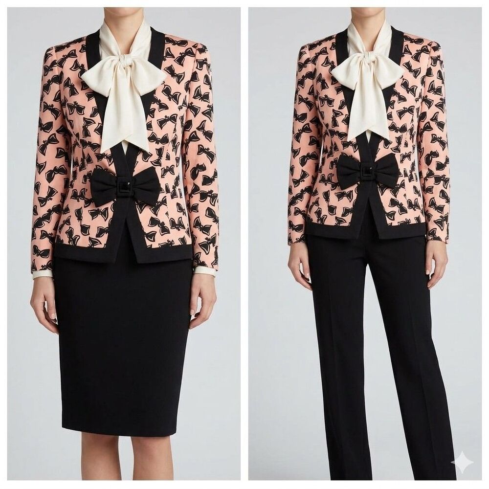 2PC Vtg Pink Black BOW Cocktail Skirt Suit faux silk Set Size 6 7 Small Coquette - Picture 2 of 15